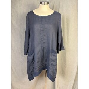 Lungo‎ L'Arno Blue 100% Linen Oversized Pocket Tunic Top Lagenlook Resort L